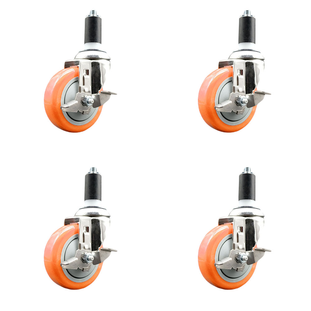Polyurethane Swivel Stem Caster Set of 4 with 4 Inch Orange Caster Wheels - 1-3/8" Expanding Stems - 316 Stainless Steel Casters - Includes 4 Swivel Casters with Top Lock Brakes - Service Caster Brand — photo 1