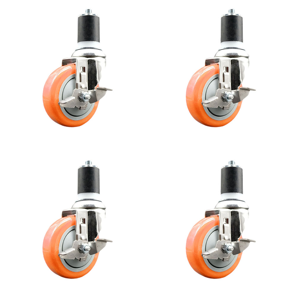 Polyurethane Swivel Stem Caster Set of 4 with 4 Inch Orange Caster Wheels - 1-7/8" Expanding Stems - 316 Stainless Steel Casters - Includes 4 Swivel Casters with Top Lock Brakes - Service Caster Brand — photo 1