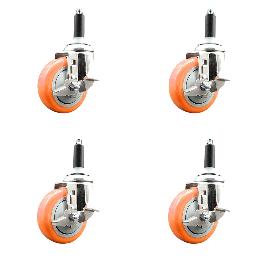 Polyurethane Swivel Stem Caster Set of 4 with 4 Inch Orange Caster Wheels - 3/4" Expanding Stems - 316 Stainless Steel Casters - Includes 4 Swivel Casters with Top Lock Brakes - Service Caster Brand — photo 1