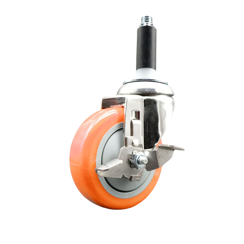 Polyurethane Swivel Stem Caster with 4 Inch Orange Caster Wheel and Top Lock Brake - 3/4" Expanding Stem - 316 Stainless Steel Caster - 350 lbs. Capacity Per Caster - Service Caster Brand — photo 1