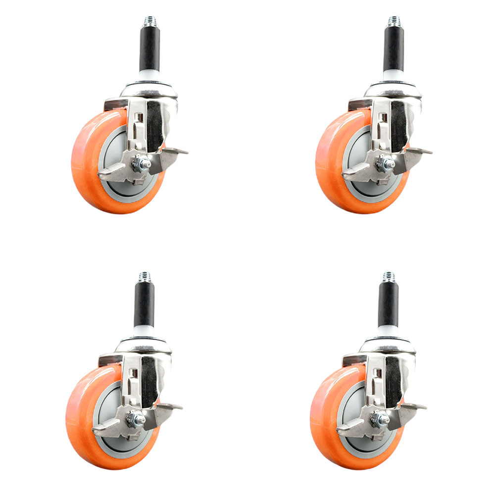 Polyurethane Swivel Stem Caster Set of 4 with 4 Inch Orange Caster Wheels - 7/8" Expanding Stems - 316 Stainless Steel Casters - Includes 4 Swivel Casters with Top Lock Brakes - Service Caster Brand — photo 1
