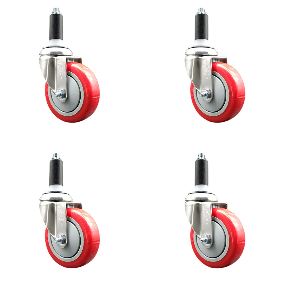 Polyurethane Swivel Stem Caster Set of 4 with 4 Inch Red Caster Wheels - 1" Expanding Stems - 316 Stainless Steel Casters - Includes 4 Swivel Casters - Service Caster Brand — photo 1