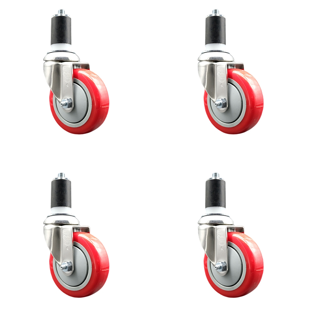 Polyurethane Swivel Stem Caster Set of 4 with 4 Inch Red Caster Wheels - 1-1/2" Expanding Stems - 316 Stainless Steel Casters - Includes 4 Swivel Casters - Service Caster Brand — photo 1