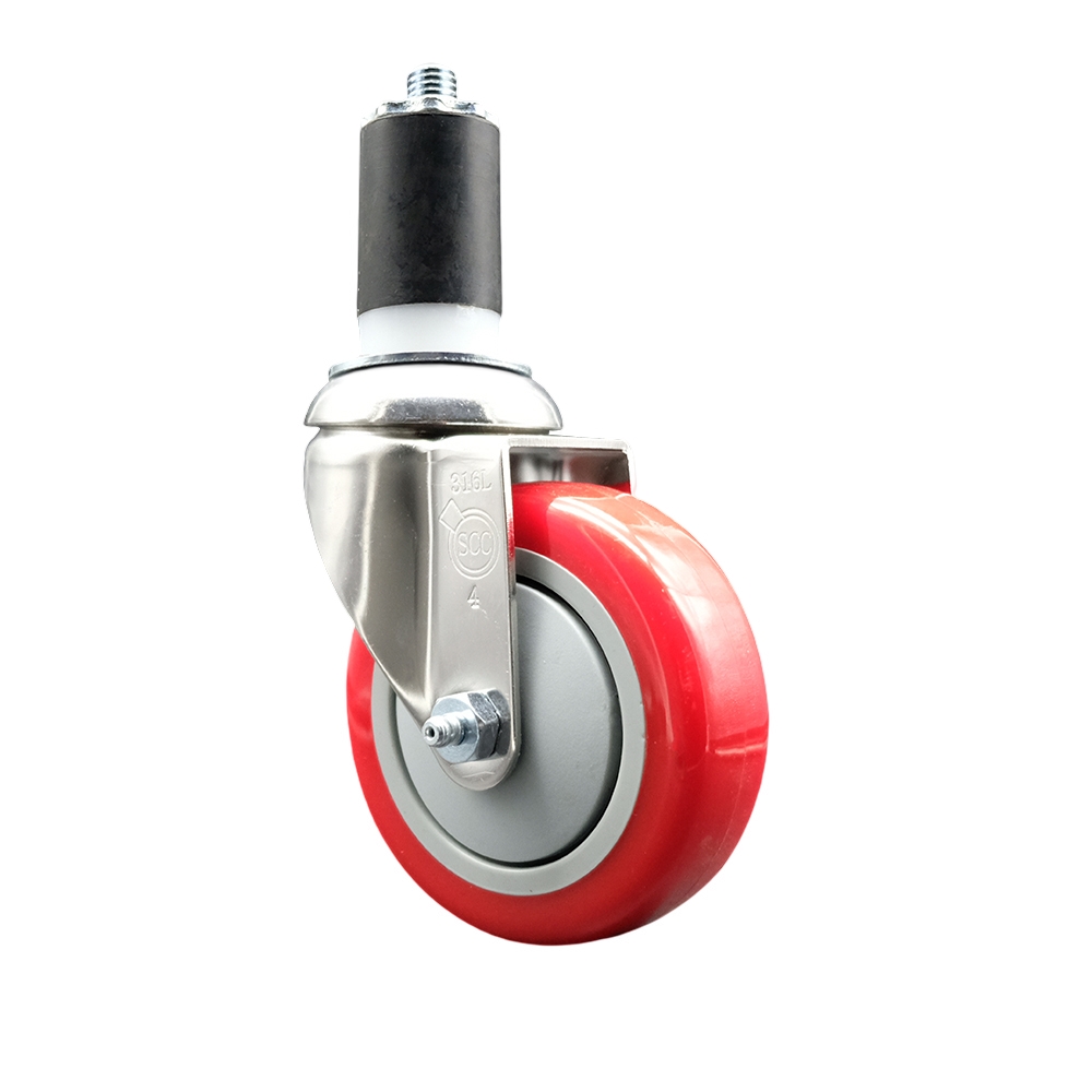 Polyurethane Swivel Stem Caster with 4 Inch Red Caster Wheel - 1-1/2" Expanding Stem - 316 Stainless Steel Caster - 350 lbs. Capacity Per Caster - Service Caster Brand — photo 1