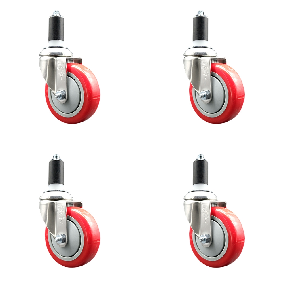 Polyurethane Swivel Stem Caster Set of 4 with 4 Inch Red Caster Wheels - 1-1/4" Expanding Stems - 316 Stainless Steel Casters - Includes 4 Swivel Casters - Service Caster Brand — photo 1