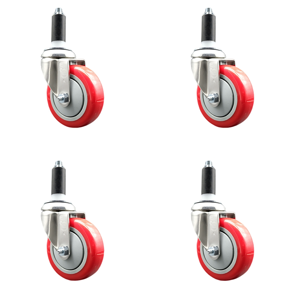 Polyurethane Swivel Stem Caster Set of 4 with 4 Inch Red Caster Wheels - 1-1/8" Expanding Stems - 316 Stainless Steel Casters - Includes 4 Swivel Casters - Service Caster Brand — photo 1