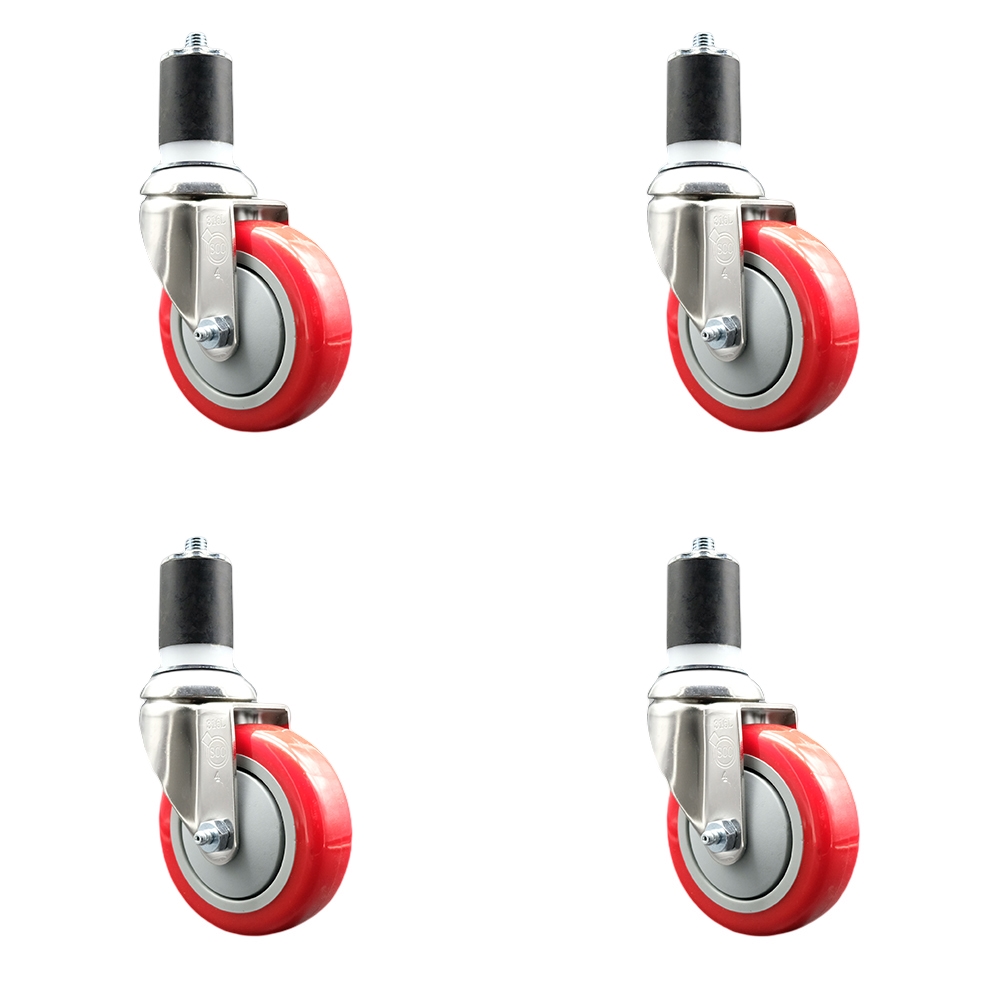 Polyurethane Swivel Stem Caster Set of 4 with 4 Inch Red Caster Wheels - 1-3/4" Expanding Stems - 316 Stainless Steel Casters - Includes 4 Swivel Casters - Service Caster Brand — photo 1