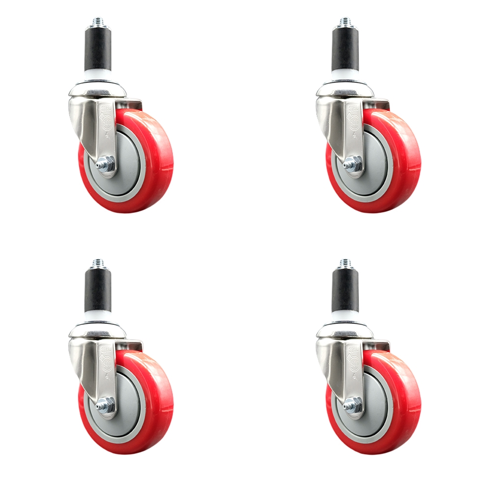 Polyurethane Swivel Stem Caster Set of 4 with 4 Inch Red Caster Wheels - 1-3/8" Expanding Stems - 316 Stainless Steel Casters - Includes 4 Swivel Casters - Service Caster Brand — photo 1