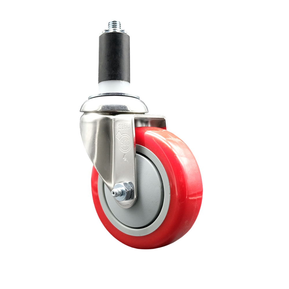 Polyurethane Swivel Stem Caster with 4 Inch Red Caster Wheel - 1-3/8" Expanding Stem - 316 Stainless Steel Caster - 350 lbs. Capacity Per Caster - Service Caster Brand — photo 1