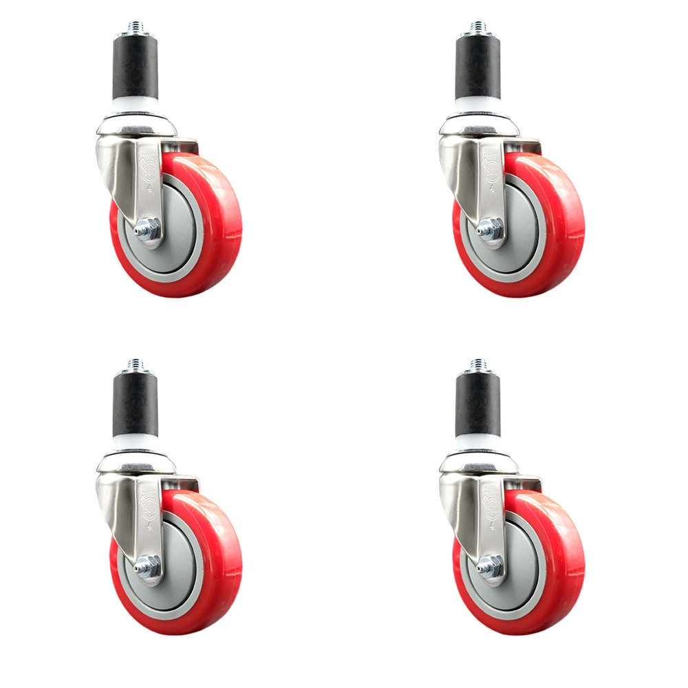 Polyurethane Swivel Stem Caster Set of 4 with 4 Inch Red Caster Wheels - 1-5/8" Expanding Stems - 316 Stainless Steel Casters - Includes 4 Swivel Casters - Service Caster Brand — photo 1
