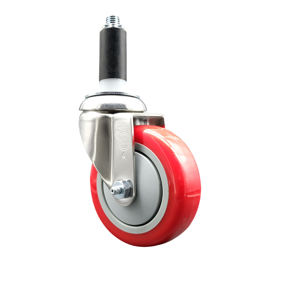 Polyurethane Swivel Stem Caster with 4 Inch Red Caster Wheel - 1" Expanding Stem - 316 Stainless Steel Caster - 350 lbs. Capacity Per Caster - Service Caster Brand — photo 1