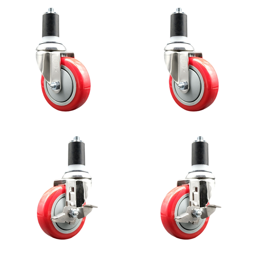 Polyurethane Swivel Stem Caster Set of 4 with 4 Inch Red Caster Wheels - 1-1/2" Expanding Stems - 316 Stainless Steel Casters-Includes 2 Swivel with Top Lock Brakes and 2 Swivel-Service Caster Brand — photo 1