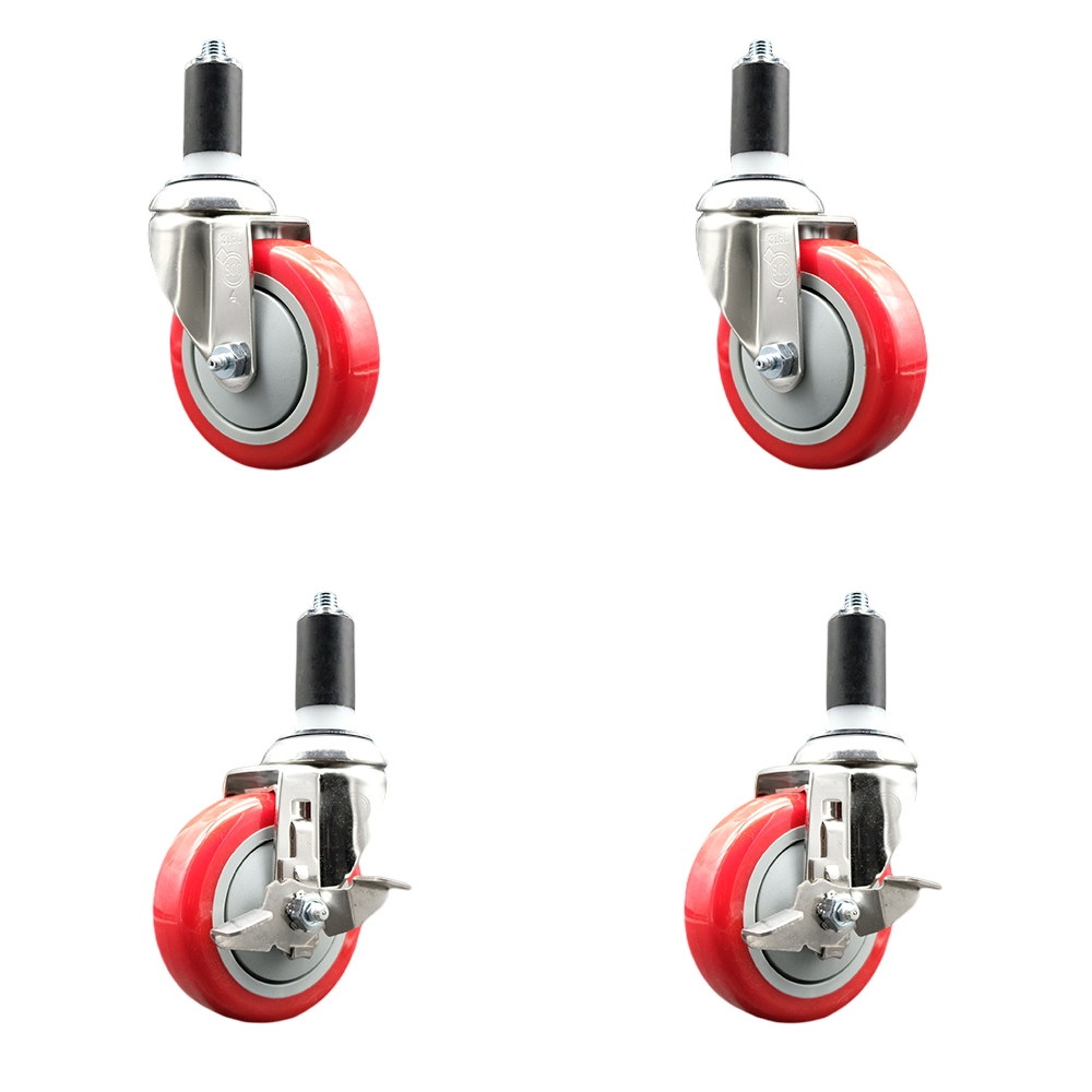 Polyurethane Swivel Stem Caster Set of 4 with 4 Inch Red Caster Wheels - 1-1/4" Expanding Stems - 316 Stainless Steel Casters-Includes 2 Swivel with Top Lock Brakes and 2 Swivel-Service Caster Brand — photo 1