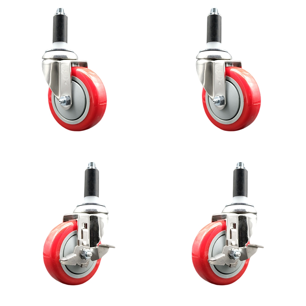 Polyurethane Swivel Stem Caster Set of 4 with 4 Inch Red Caster Wheels - 1-1/8" Expanding Stems - 316 Stainless Steel Casters-Includes 2 Swivel with Top Lock Brakes and 2 Swivel-Service Caster Brand — photo 1