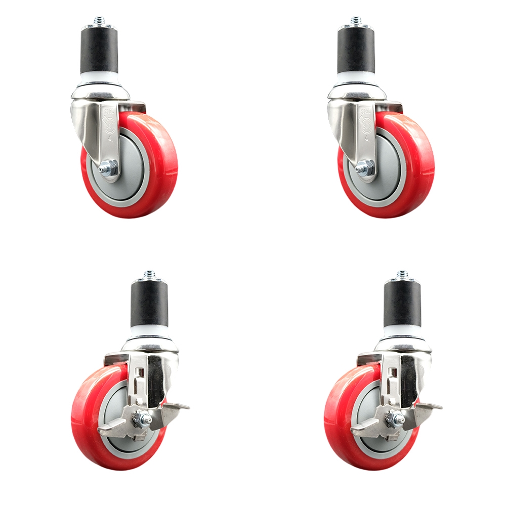 Polyurethane Swivel Stem Caster Set of 4 with 4 Inch Red Caster Wheels - 1-3/4" Expanding Stems - 316 Stainless Steel Casters-Includes 2 Swivel with Top Lock Brakes and 2 Swivel-Service Caster Brand — photo 1