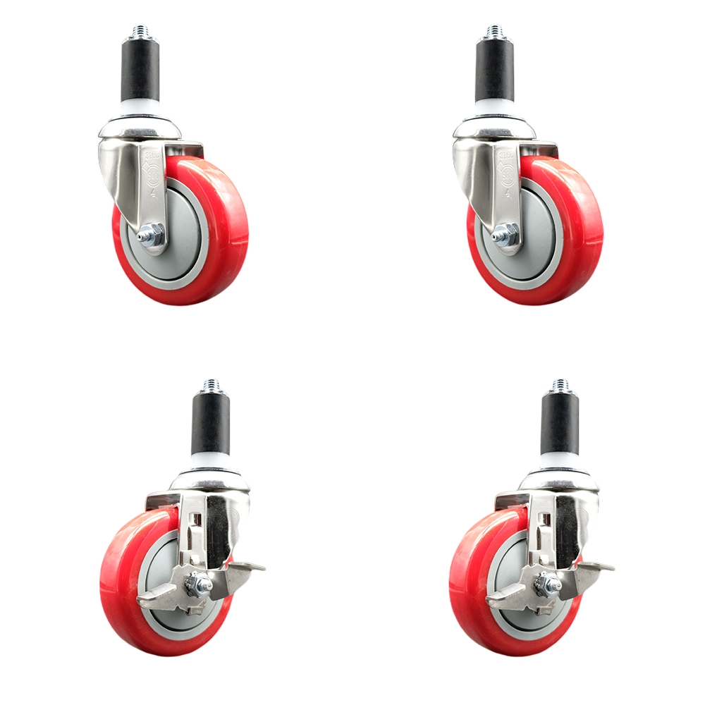 Polyurethane Swivel Stem Caster Set of 4 with 4 Inch Red Caster Wheels - 1-3/8" Expanding Stems - 316 Stainless Steel Casters-Includes 2 Swivel with Top Lock Brakes and 2 Swivel-Service Caster Brand — photo 1