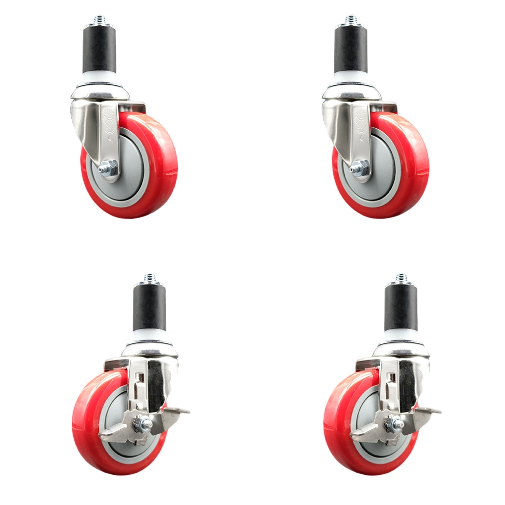 Polyurethane Swivel Stem Caster Set of 4 with 4 Inch Red Caster Wheels - 1-5/8" Expanding Stems - 316 Stainless Steel Casters-Includes 2 Swivel with Top Lock Brakes and 2 Swivel-Service Caster Brand — photo 1