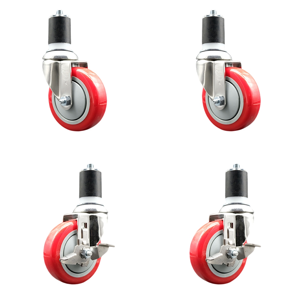 Polyurethane Swivel Stem Caster Set of 4 with 4 Inch Red Caster Wheels - 1-7/8" Expanding Stems - 316 Stainless Steel Casters-Includes 2 Swivel with Top Lock Brakes and 2 Swivel-Service Caster Brand — photo 1