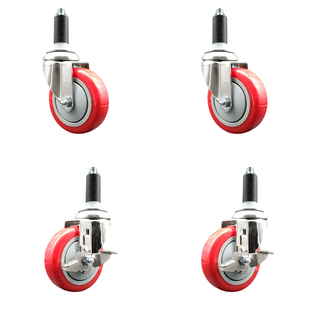 Polyurethane Swivel Stem Caster Set of 4 with 4 Inch Red Caster Wheels - 1" Expanding Stems - 316 Stainless Steel Casters - Includes 2 Swivel with Top Lock Brakes and 2 Swivel - Service Caster Brand — photo 1