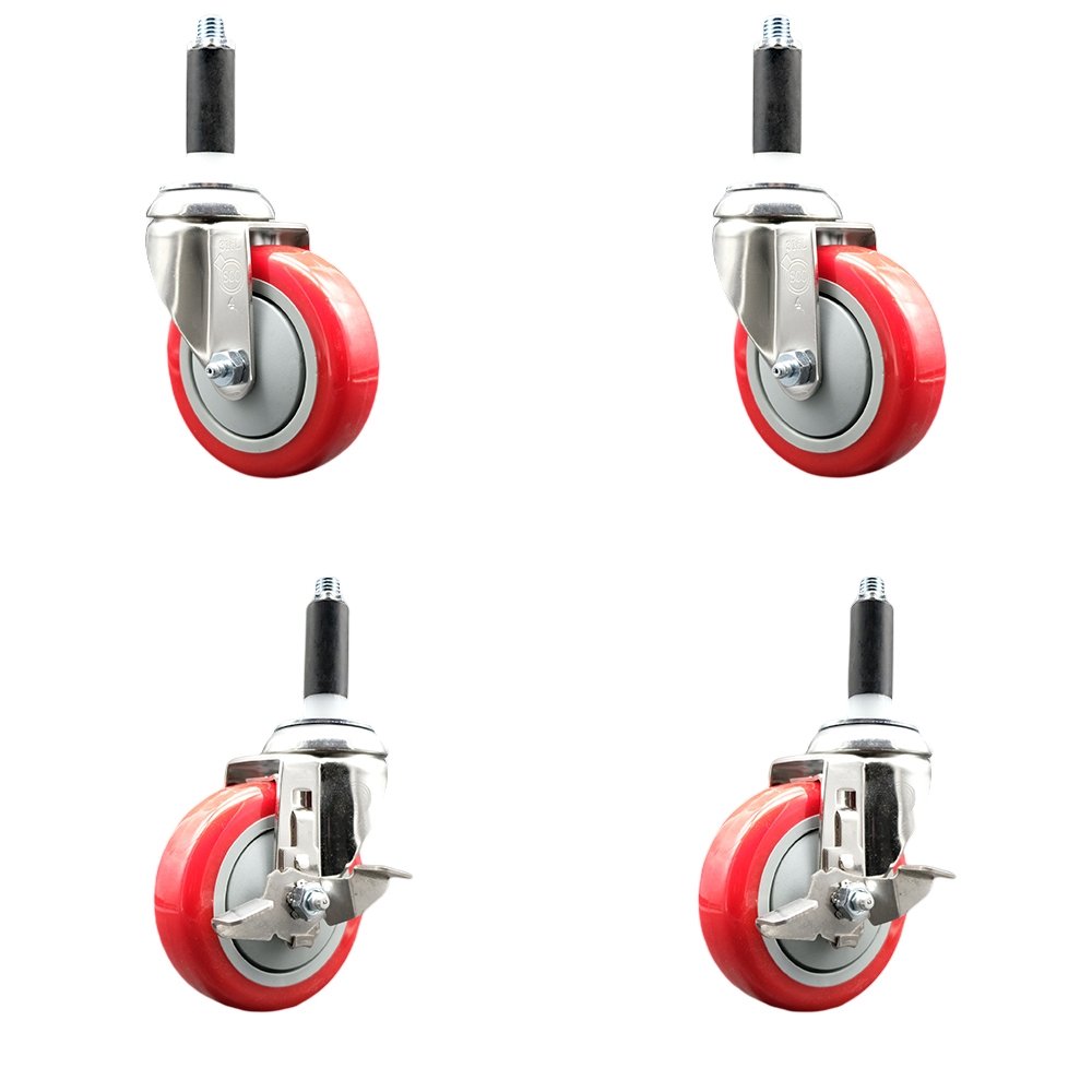Polyurethane Swivel Stem Caster Set of 4 with 4 Inch Red Caster Wheels - 3/4" Expanding Stems - 316 Stainless Steel Casters - Includes 2 Swivel with Top Lock Brakes and 2 Swivel-Service Caster Brand — photo 1