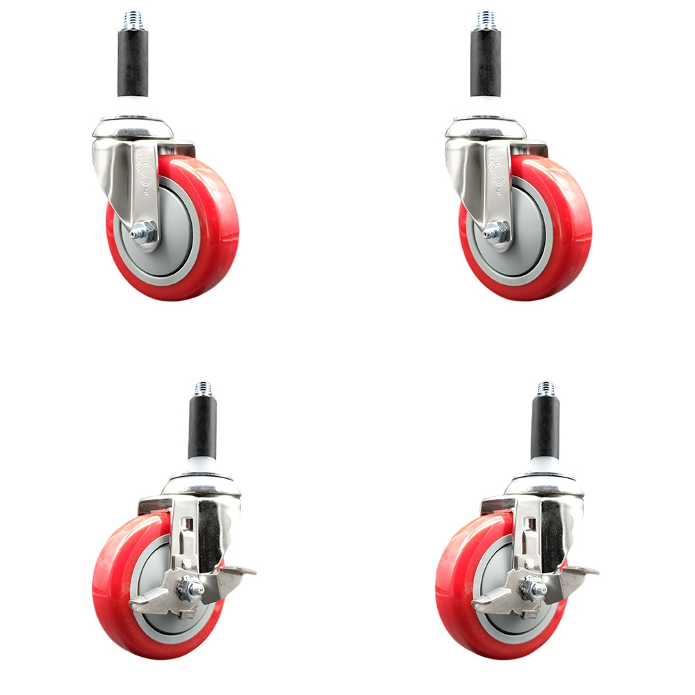 Polyurethane Swivel Stem Caster Set of 4 with 4 Inch Red Caster Wheels - 7/8" Expanding Stems - 316 Stainless Steel Casters - Includes 2 Swivel with Top Lock Brakes and 2 Swivel-Service Caster Brand — photo 1