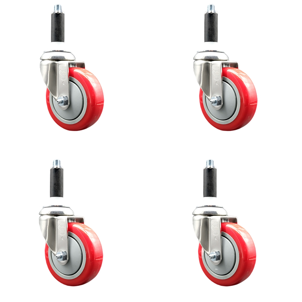 Polyurethane Swivel Stem Caster Set of 4 with 4 Inch Red Caster Wheels - 7/8" Expanding Stems - 316 Stainless Steel Casters - Includes 4 Swivel Casters - Service Caster Brand — photo 1