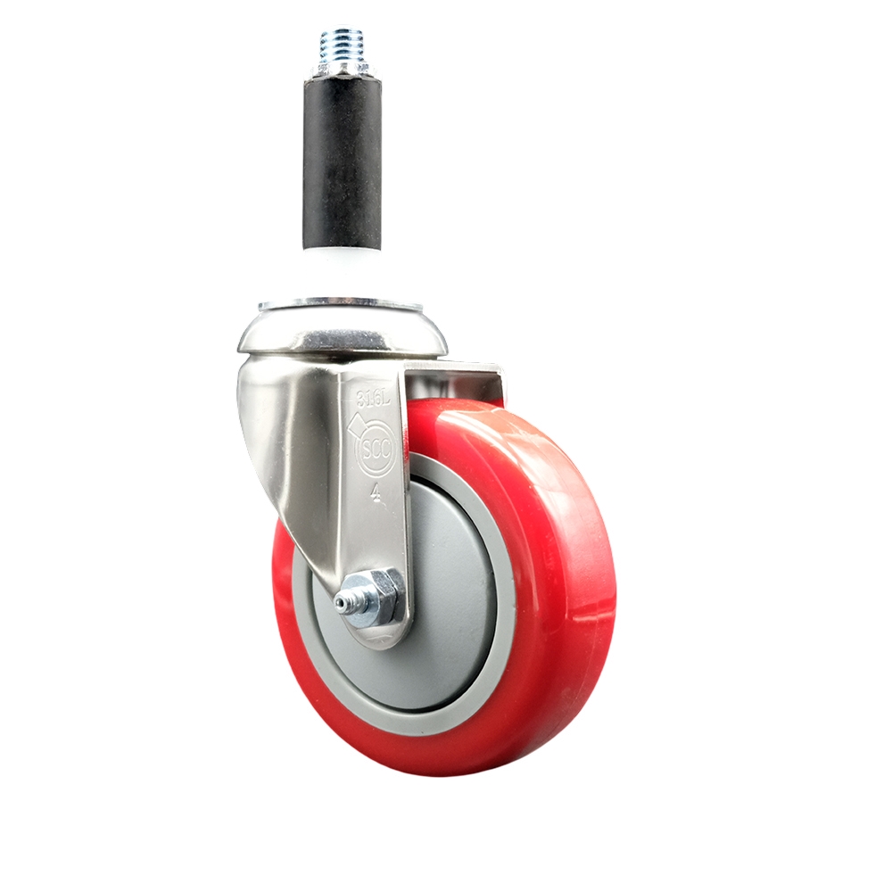 Polyurethane Swivel Stem Caster with 4 Inch Red Caster Wheel - 7/8" Expanding Stem - 316 Stainless Steel Caster - 350 lbs. Capacity Per Caster - Service Caster Brand — photo 1
