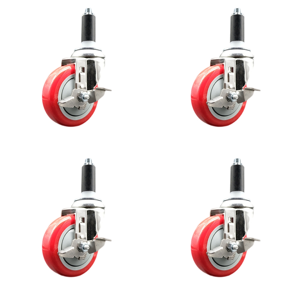 Polyurethane Swivel Stem Caster Set of 4 with 4 Inch Red Caster Wheels - 1" Expanding Stems - 316 Stainless Steel Casters - Includes 4 Swivel Casters with Top Lock Brakes - Service Caster Brand — photo 1