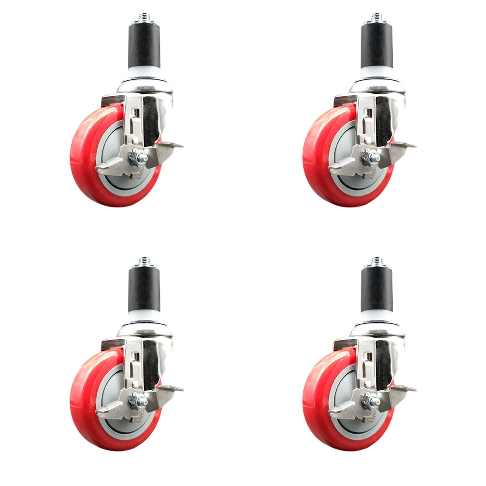 Polyurethane Swivel Stem Caster Set of 4 with 4 Inch Red Caster Wheels - 1-1/2" Expanding Stems - 316 Stainless Steel Casters - Includes 4 Swivel Casters with Top Lock Brakes - Service Caster Brand — photo 1