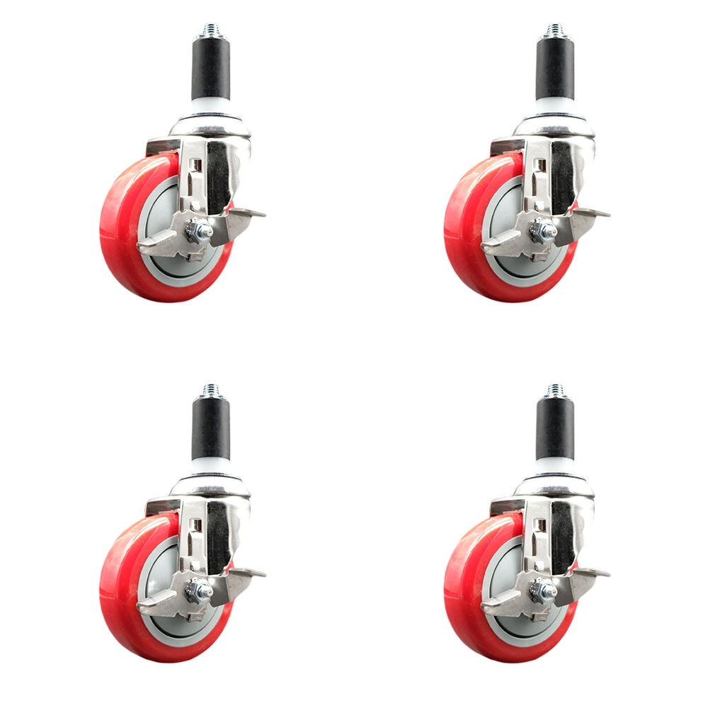 Polyurethane Swivel Stem Caster Set of 4 with 4 Inch Red Caster Wheels - 1-1/4" Expanding Stems - 316 Stainless Steel Casters - Includes 4 Swivel Casters with Top Lock Brakes - Service Caster Brand — photo 1