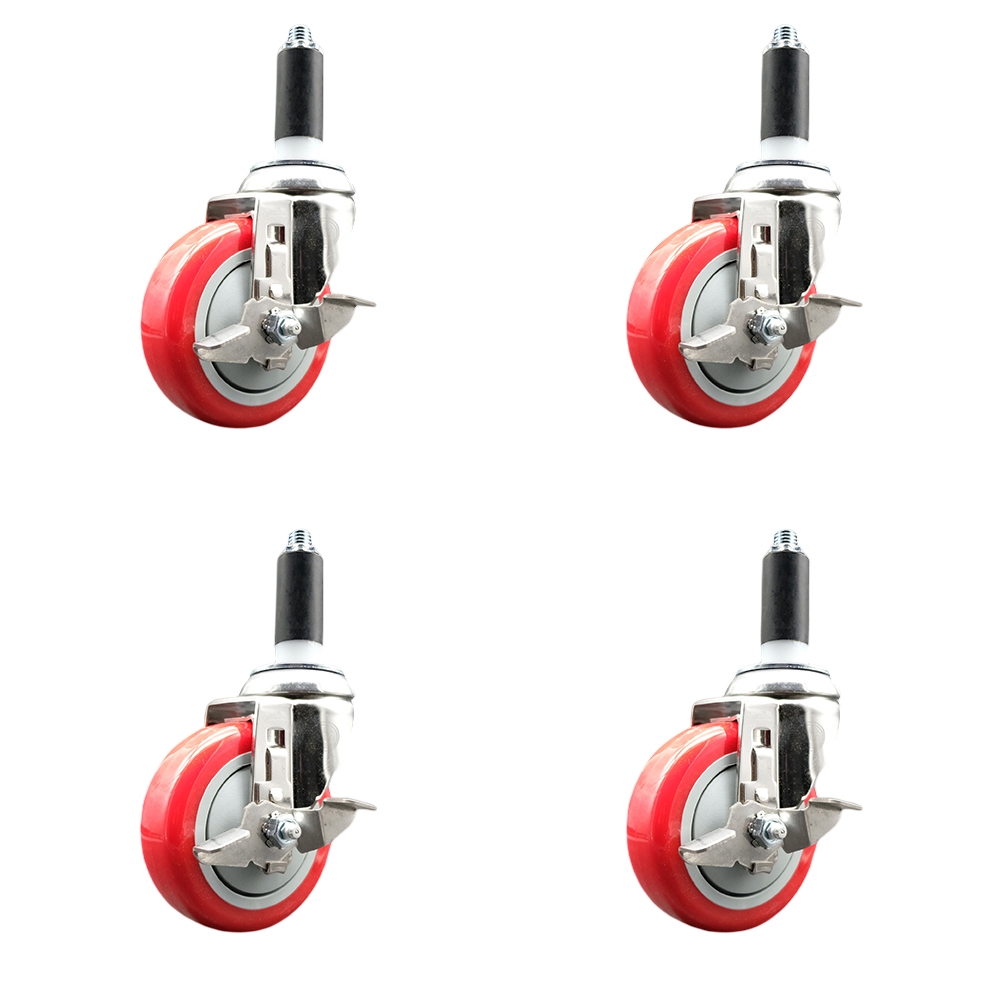Polyurethane Swivel Stem Caster Set of 4 with 4 Inch Red Caster Wheels - 1-1/8" Expanding Stems - 316 Stainless Steel Casters - Includes 4 Swivel Casters with Top Lock Brakes - Service Caster Brand — photo 1