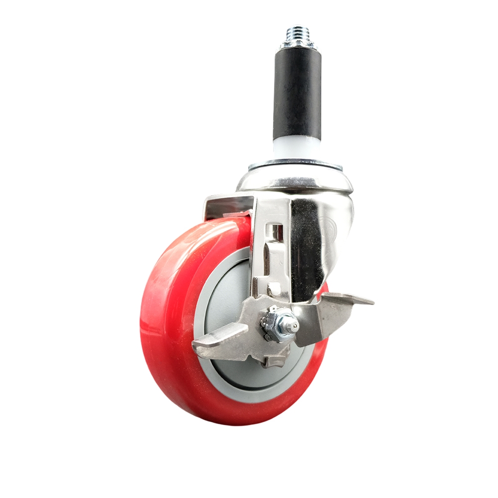 Polyurethane Swivel Stem Caster with 4 Inch Red Caster Wheel and Top Lock Brake - 1-1/8" Expanding Stem - 316 Stainless Steel Caster - 350 lbs. Capacity Per Caster - Service Caster Brand — photo 1