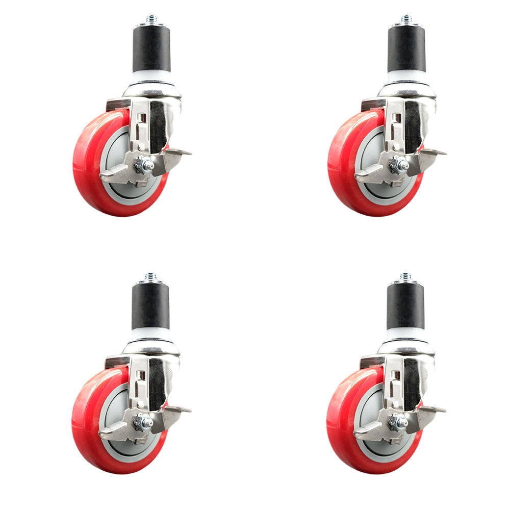Polyurethane Swivel Stem Caster Set of 4 with 4 Inch Red Caster Wheels - 1-3/4" Expanding Stems - 316 Stainless Steel Casters - Includes 4 Swivel Casters with Top Lock Brakes - Service Caster Brand — photo 1