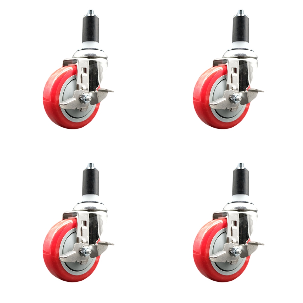 Polyurethane Swivel Stem Caster Set of 4 with 4 Inch Red Caster Wheels - 1-3/8" Expanding Stems - 316 Stainless Steel Casters - Includes 4 Swivel Casters with Top Lock Brakes - Service Caster Brand — photo 1
