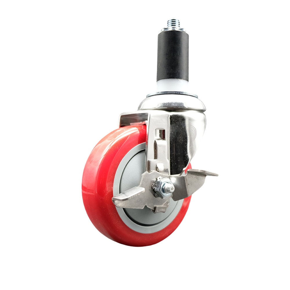 Polyurethane Swivel Stem Caster with 4 Inch Red Caster Wheel and Top Lock Brake - 1-3/8" Expanding Stem - 316 Stainless Steel Caster - 350 lbs. Capacity Per Caster - Service Caster Brand — photo 1