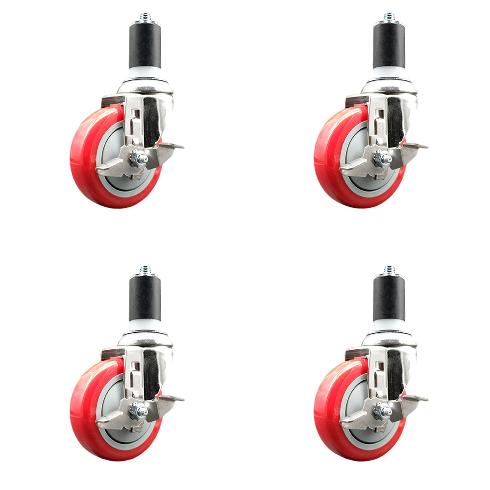Polyurethane Swivel Stem Caster Set of 4 with 4 Inch Red Caster Wheels - 1-5/8" Expanding Stems - 316 Stainless Steel Casters - Includes 4 Swivel Casters with Top Lock Brakes - Service Caster Brand — photo 1