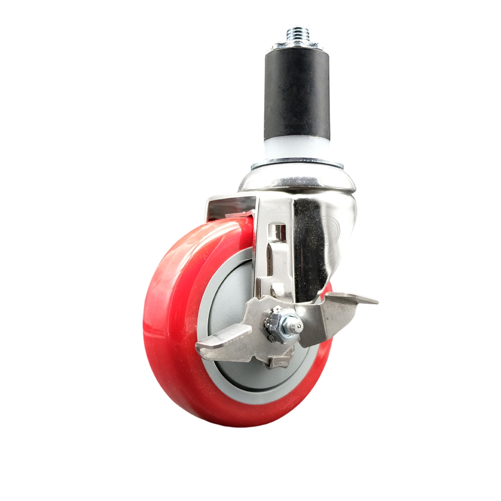 Polyurethane Swivel Stem Caster with 4 Inch Red Caster Wheel and Top Lock Brake - 1-5/8" Expanding Stem - 316 Stainless Steel Caster - 350 lbs. Capacity Per Caster - Service Caster Brand — photo 1