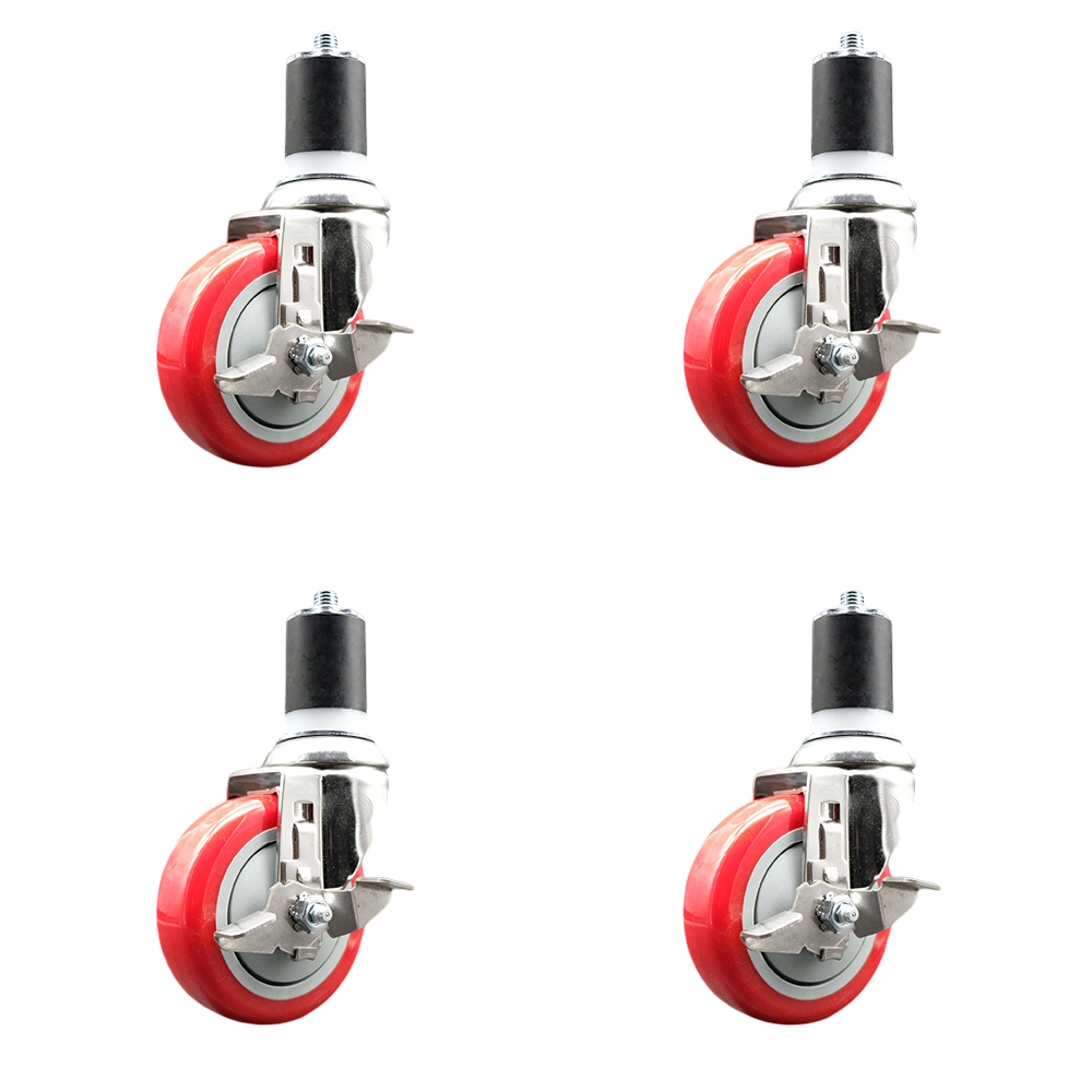 Polyurethane Swivel Stem Caster Set of 4 with 4 Inch Red Caster Wheels - 1-7/8" Expanding Stems - 316 Stainless Steel Casters - Includes 4 Swivel Casters with Top Lock Brakes - Service Caster Brand — photo 1