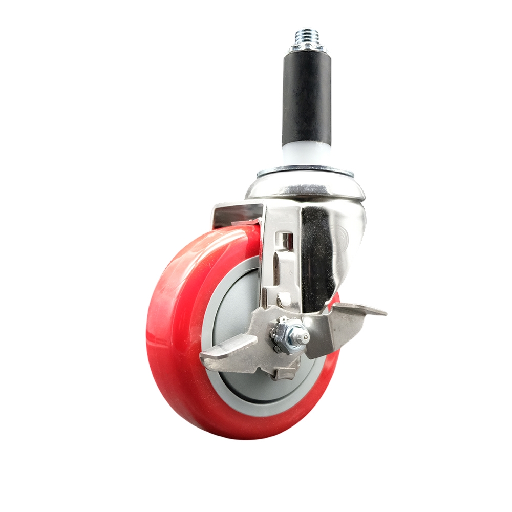Polyurethane Swivel Stem Caster with 4 Inch Red Caster Wheel and Top Lock Brake - 1" Expanding Stem - 316 Stainless Steel Caster - 350 lbs. Capacity Per Caster - Service Caster Brand — photo 1