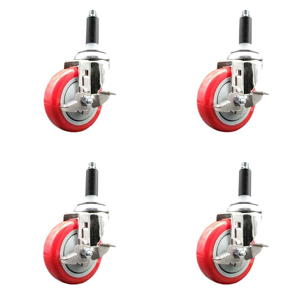 Polyurethane Swivel Stem Caster Set of 4 with 4 Inch Red Caster Wheels - 3/4" Expanding Stems - 316 Stainless Steel Casters - Includes 4 Swivel Casters with Top Lock Brakes - Service Caster Brand — photo 1