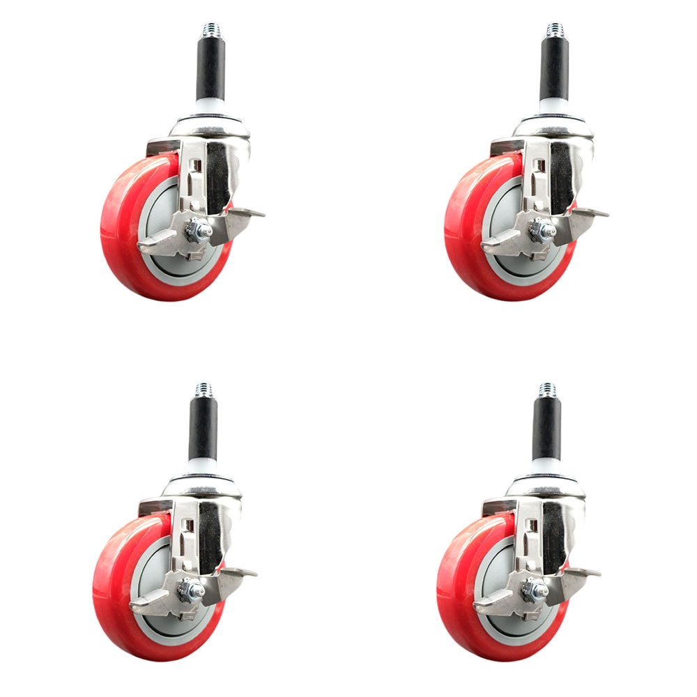 Polyurethane Swivel Stem Caster Set of 4 with 4 Inch Red Caster Wheels - 7/8" Expanding Stems - 316 Stainless Steel Casters - Includes 4 Swivel Casters with Top Lock Brakes - Service Caster Brand — photo 1