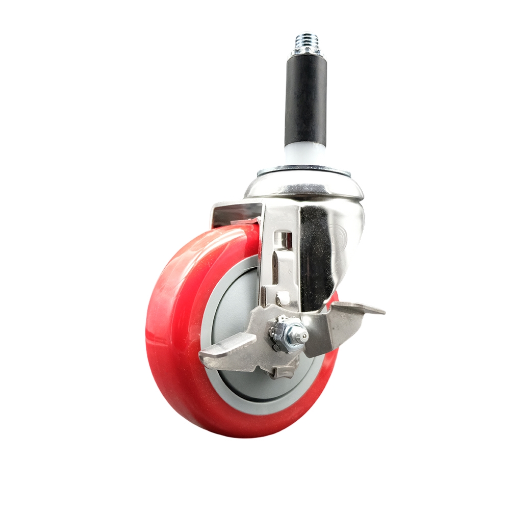 Polyurethane Swivel Stem Caster with 4 Inch Red Caster Wheel and Top Lock Brake - 7/8" Expanding Stem - 316 Stainless Steel Caster - 350 lbs. Capacity Per Caster - Service Caster Brand — photo 1