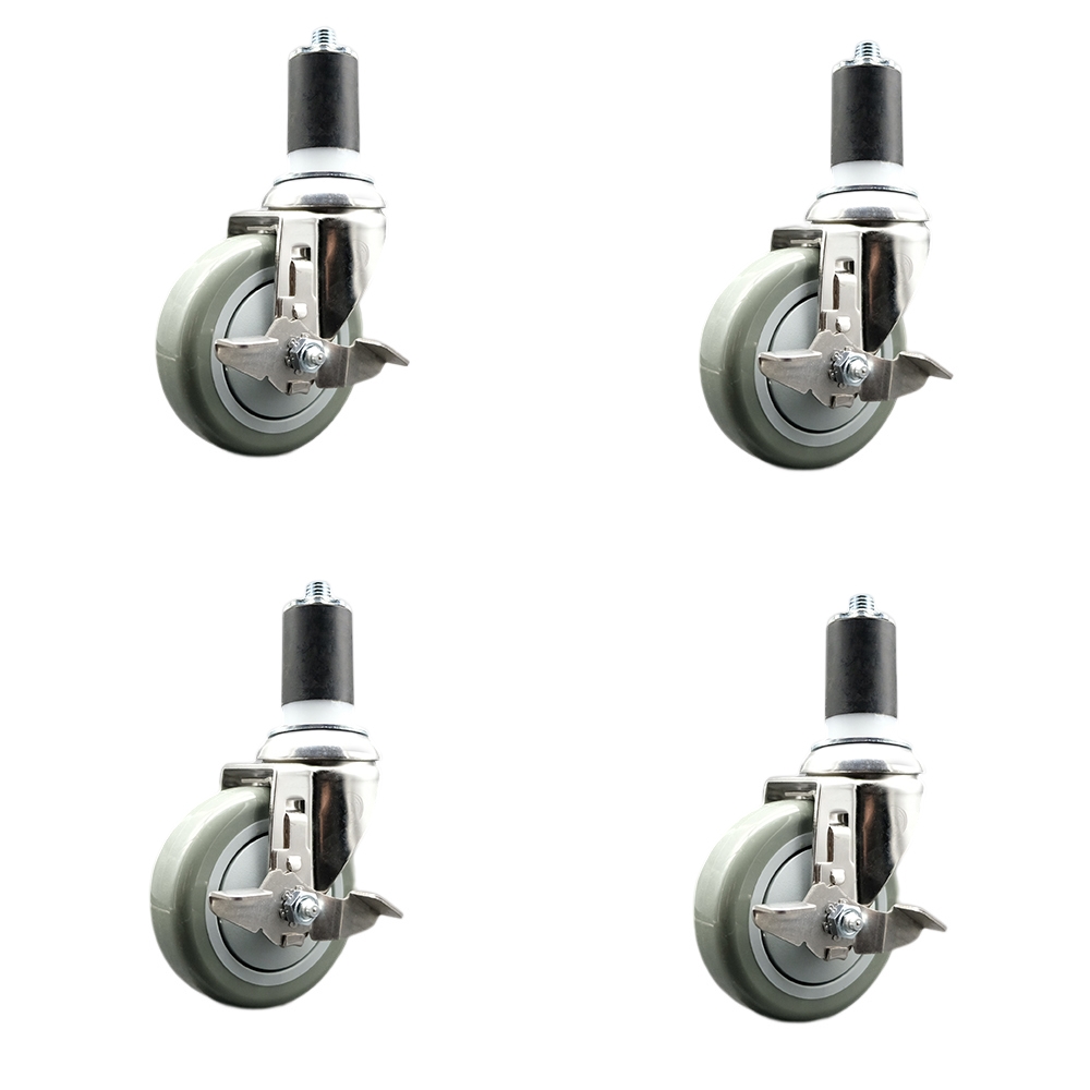 Polyurethane Swivel Stem Caster Set of 4 with 4 Inch Gray Caster Wheels - 1-1/2" Expanding Stems - 316 Stainless Steel Casters - Includes 4 Swivel Casters with Top Lock Brakes - Service Caster Brand — photo 1