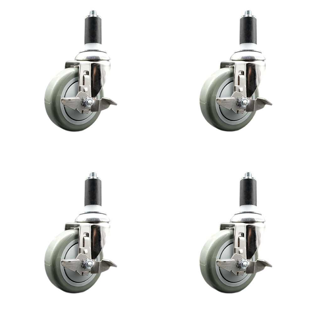 Polyurethane Swivel Stem Caster Set of 4 with 4 Inch Gray Caster Wheels - 1-1/4" Expanding Stems - 316 Stainless Steel Casters - Includes 4 Swivel Casters with Top Lock Brakes - Service Caster Brand — photo 1