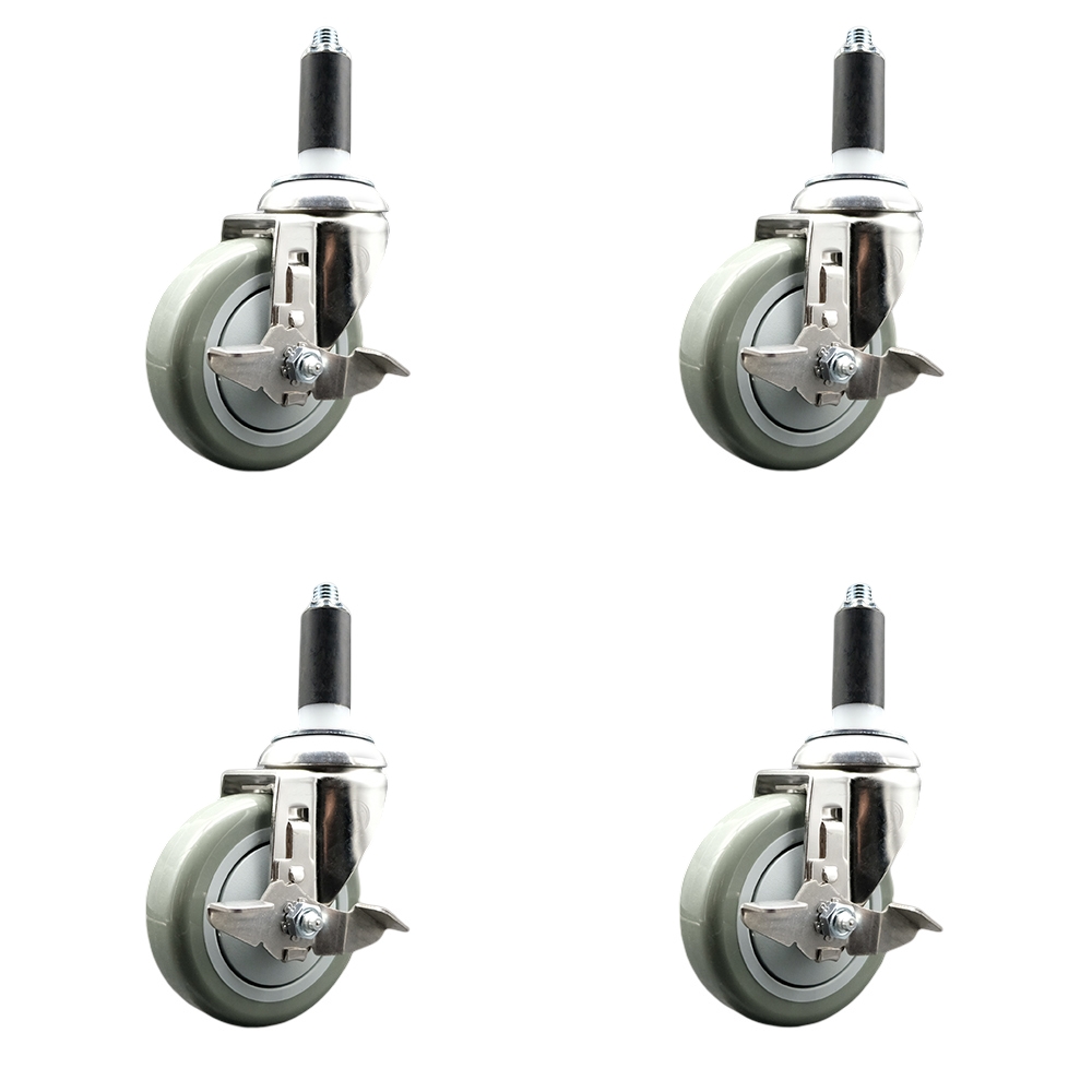 Polyurethane Swivel Stem Caster Set of 4 with 4 Inch Gray Caster Wheels - 1-1/8" Expanding Stems - 316 Stainless Steel Casters - Includes 4 Swivel Casters with Top Lock Brakes - Service Caster Brand — photo 1