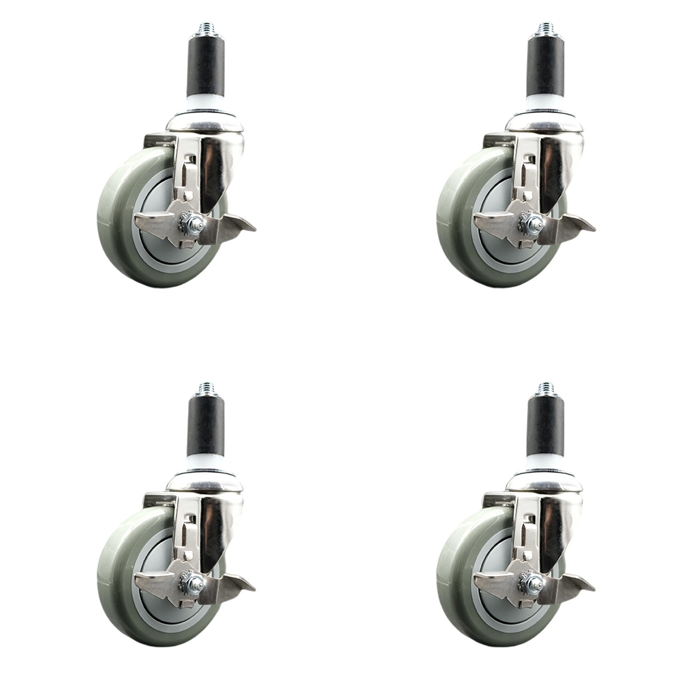 Polyurethane Swivel Stem Caster Set of 4 with 4 Inch Gray Caster Wheels - 1-3/8" Expanding Stems - 316 Stainless Steel Casters - Includes 4 Swivel Casters with Top Lock Brakes - Service Caster Brand — photo 1