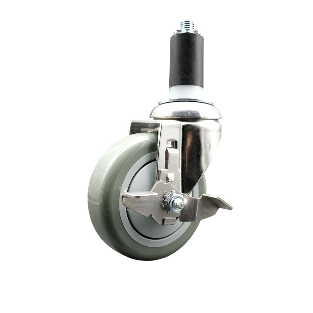 Polyurethane Swivel Stem Caster with 4 Inch Gray Caster Wheel and Top Lock Brake - 1-3/8" Expanding Stem - 316 Stainless Steel Caster - 350 lbs. Capacity Per Caster - Service Caster Brand — photo 1