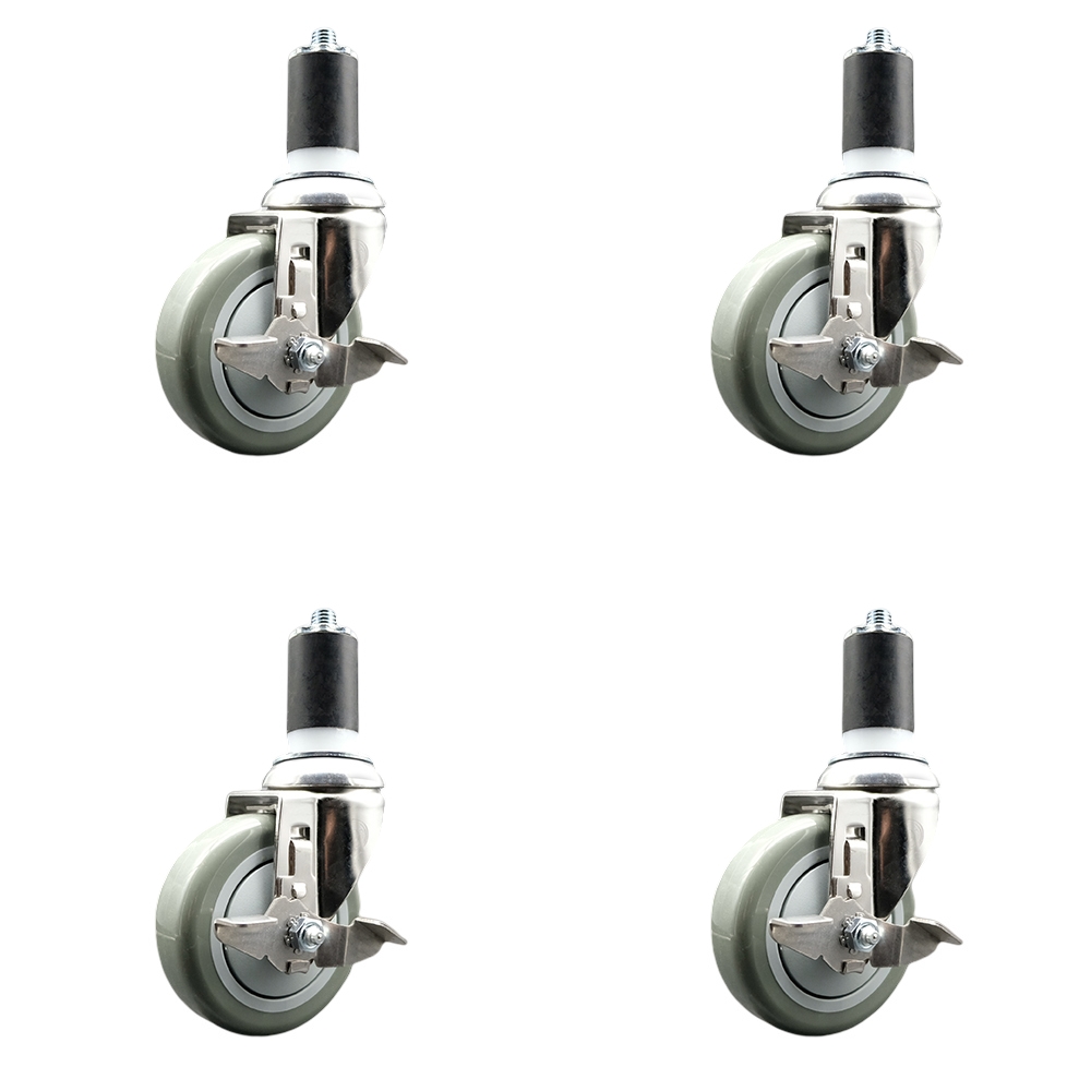 Polyurethane Swivel Stem Caster Set of 4 with 4 Inch Gray Caster Wheels - 1-5/8" Expanding Stems - 316 Stainless Steel Casters - Includes 4 Swivel Casters with Top Lock Brakes - Service Caster Brand — photo 1