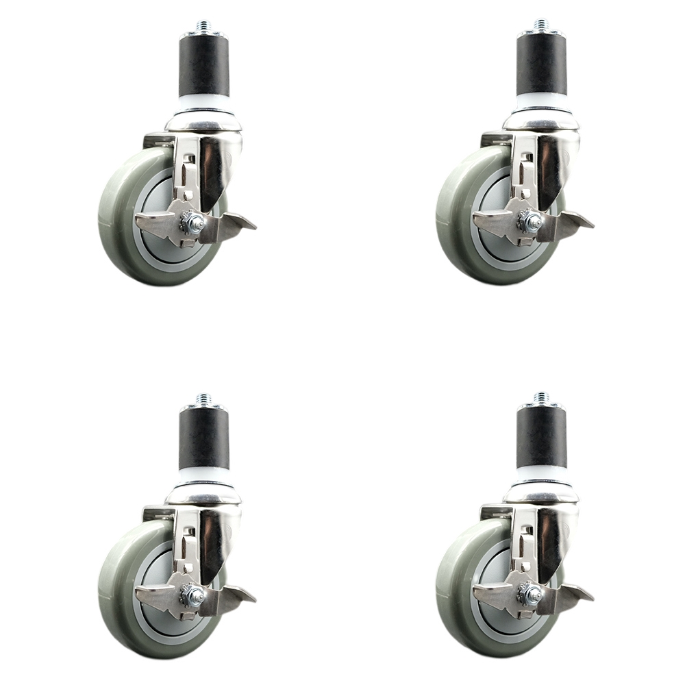Polyurethane Swivel Stem Caster Set of 4 with 4 Inch Gray Caster Wheels - 1-7/8" Expanding Stems - 316 Stainless Steel Casters - Includes 4 Swivel Casters with Top Lock Brakes - Service Caster Brand — photo 1