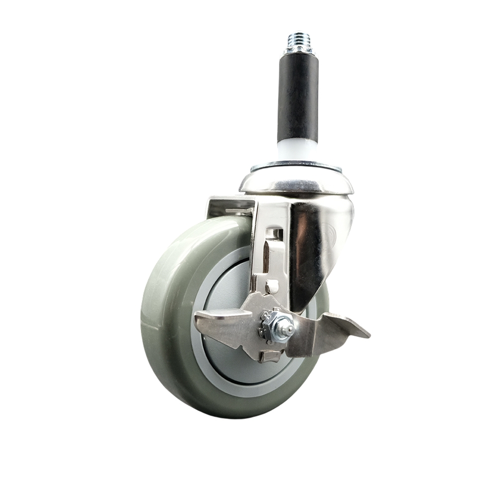 Polyurethane Swivel Stem Caster with 4 Inch Gray Caster Wheel and Top Lock Brake - 3/4" Expanding Stem - 316 Stainless Steel Caster - 350 lbs. Capacity Per Caster - Service Caster Brand — photo 1
